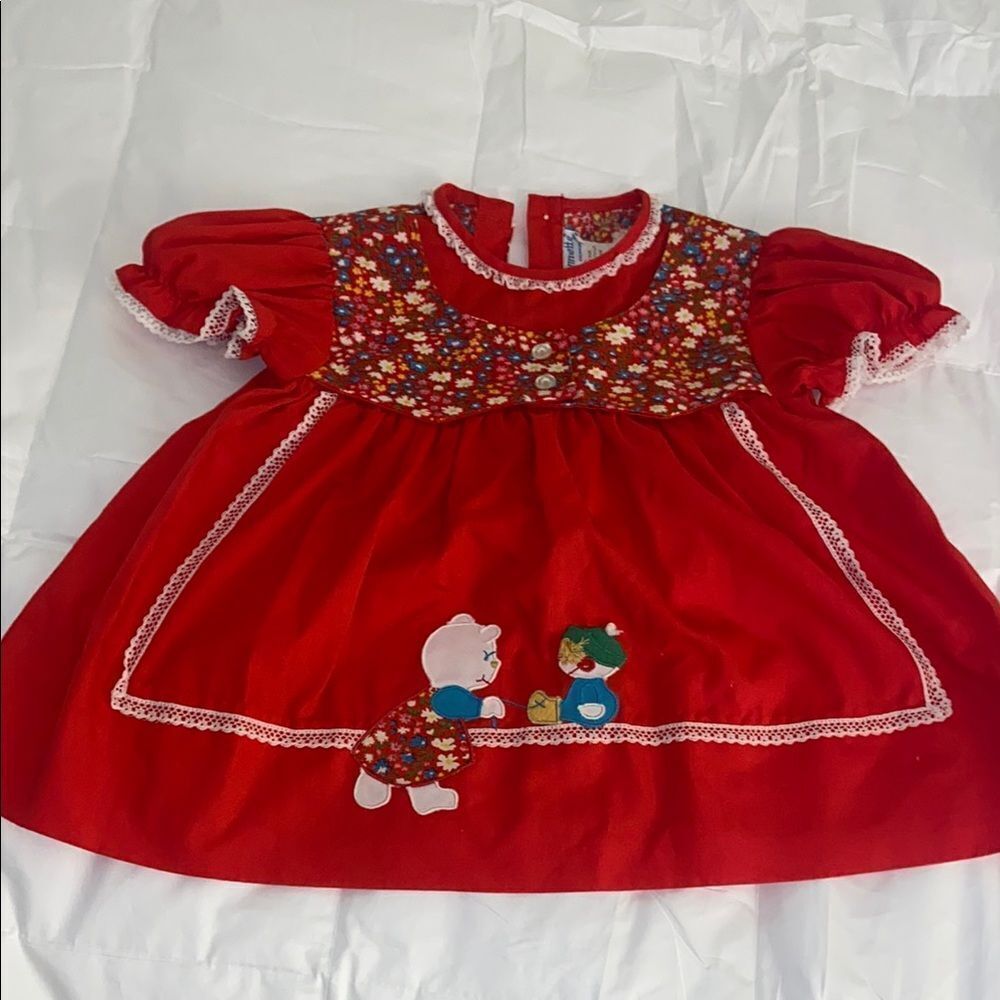 Vintage baby Nannette Red Dress with Floral Accents 6 month